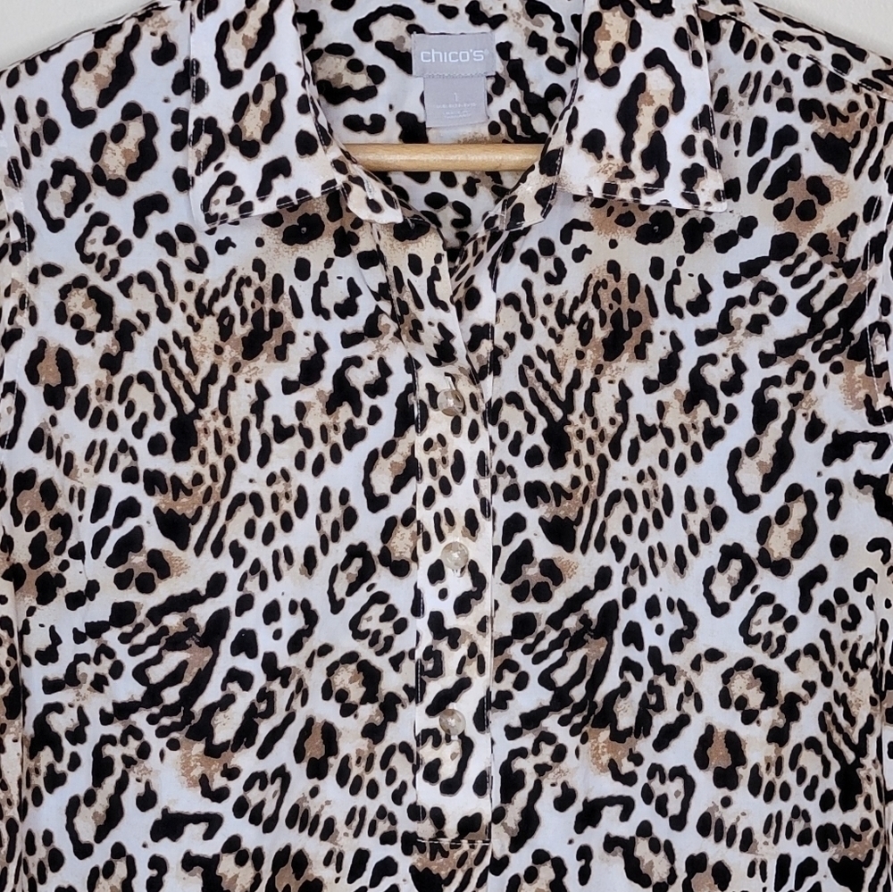 Chico's Leopard Print Popover Top Split Cuffs Bro… - image 2